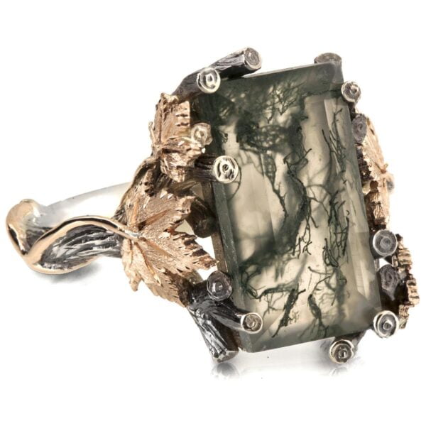 Twig and Maple Leaf Engagement Ring Yellow Gold and Moss Agate Catalogue