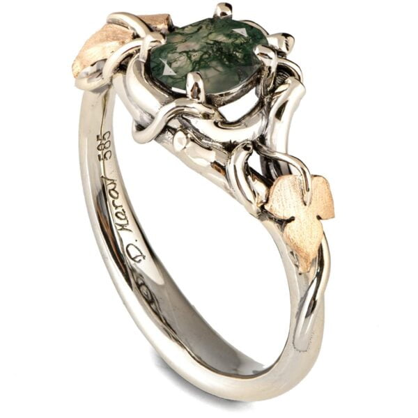Black Vines and Leaves Oval Moss Agate Engagement Ring White and Yellow Gold Catalogue