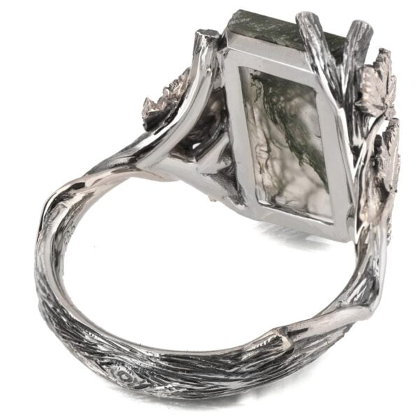 Twig and Maple Leaf Engagement Ring White Gold and Moss Agate Catalogue