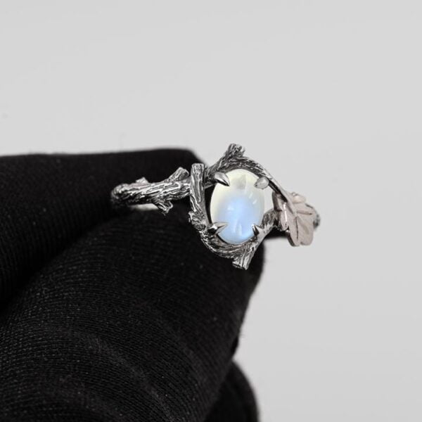Twig and Oak Leaf Moonstone Ring White Gold Catalogue