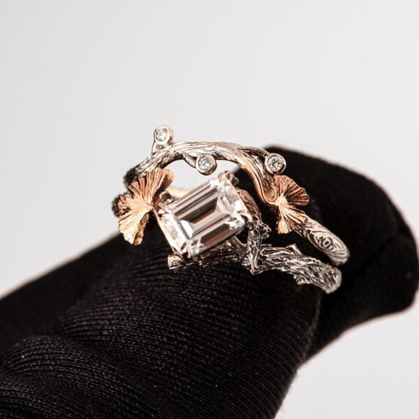 Twig and Ginkgo Leaf Bridal Set Rose Gold and Moissanite Catalogue