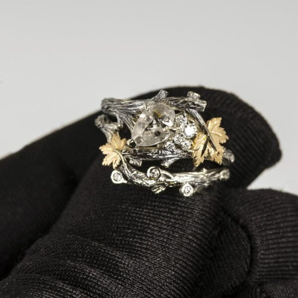 Gold Twig and Maple Leaf Raw Diamond Cluster Bridal Set Catalogue