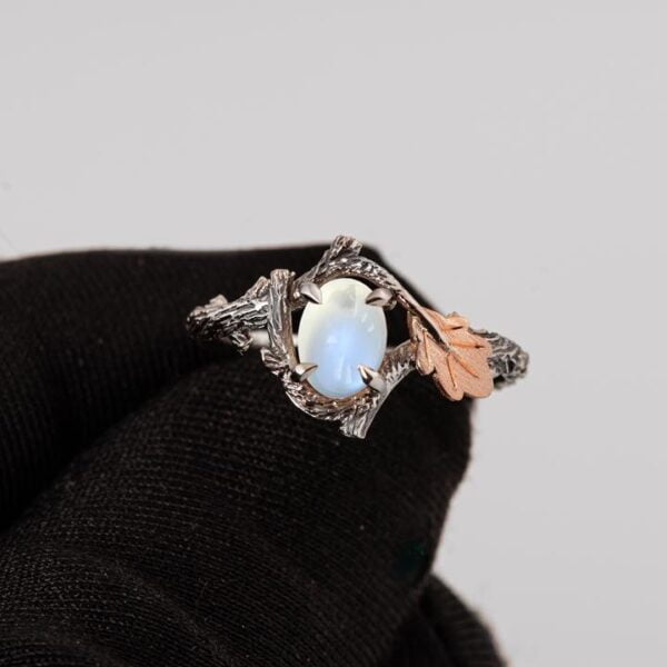Twig and Oak Leaf Moonstone Ring Platinum and Rose Gold Catalogue
