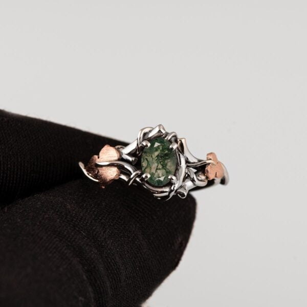 Black Vines and Leaves Oval Moss Agate Engagement Ring Platinum and Rose Gold Catalogue