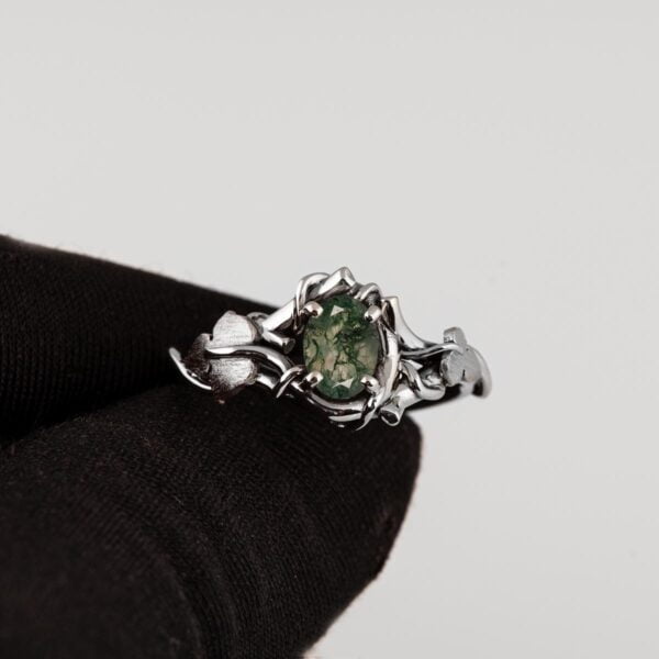 Black Vines and Leaves Oval Moss Agate Engagement Ring White Gold Catalogue