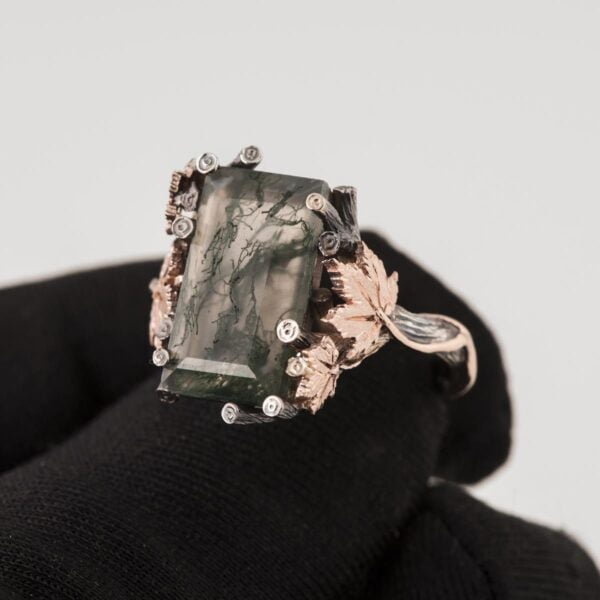 Twig and Maple Leaf Engagement Ring Rose Gold and Green Moss Agate Catalogue