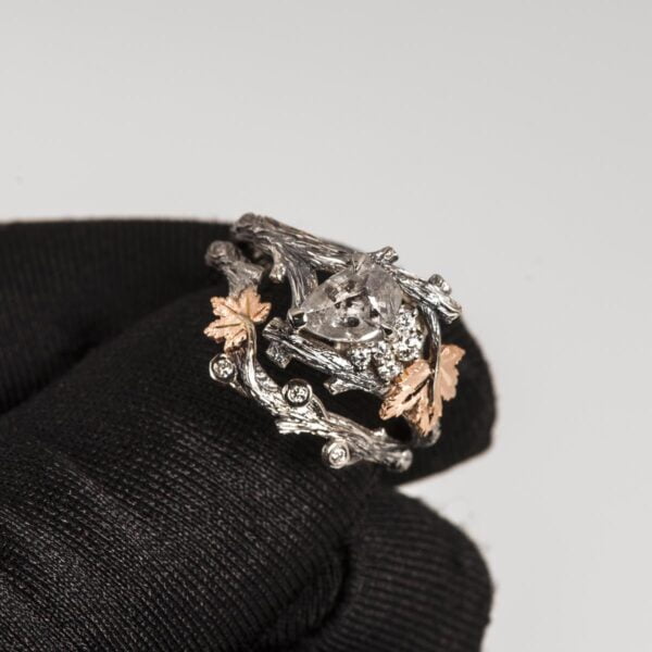 Rose Gold Twig and Maple Leaf Raw Diamond Cluster Bridal Set Catalogue