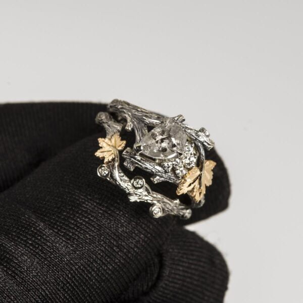 Gold Twig and Maple Leaf Raw Diamond Cluster Bridal Set Catalogue