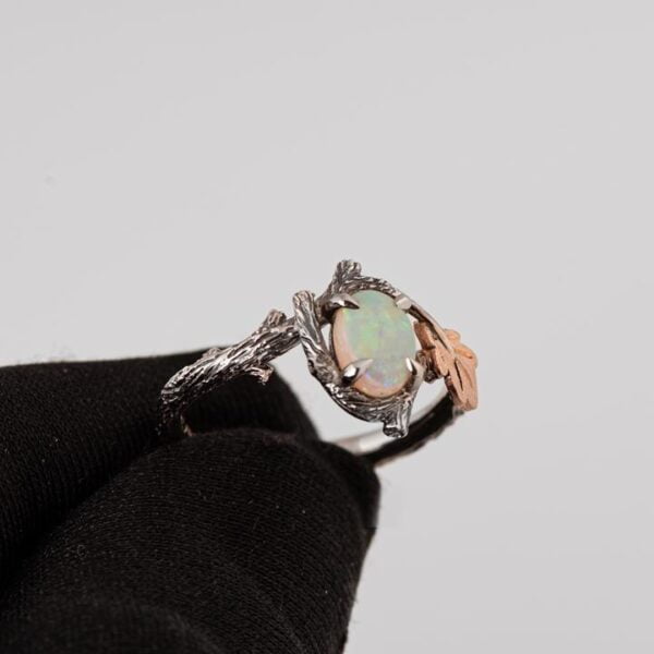 Twig and Oak Leaf Opal Ring Platinum and Rose Gold Catalogue