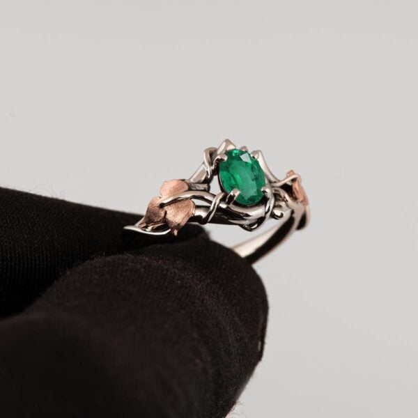 Black and Rose Gold Vines and Leaves Emerald  Engagament Ring Catalogue