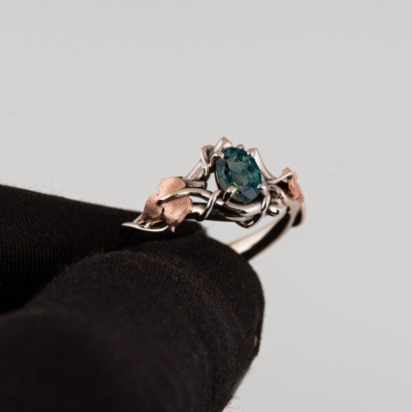 Black and Rose Gold Vines and Leaves Teal Sapphire Engagament Ring Catalogue