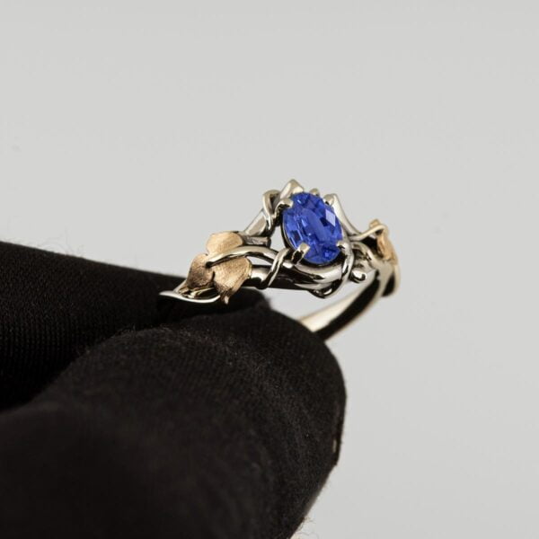 Black and Yellow Gold Vines and Leaves Blue Sapphire Engagament Ring Catalogue