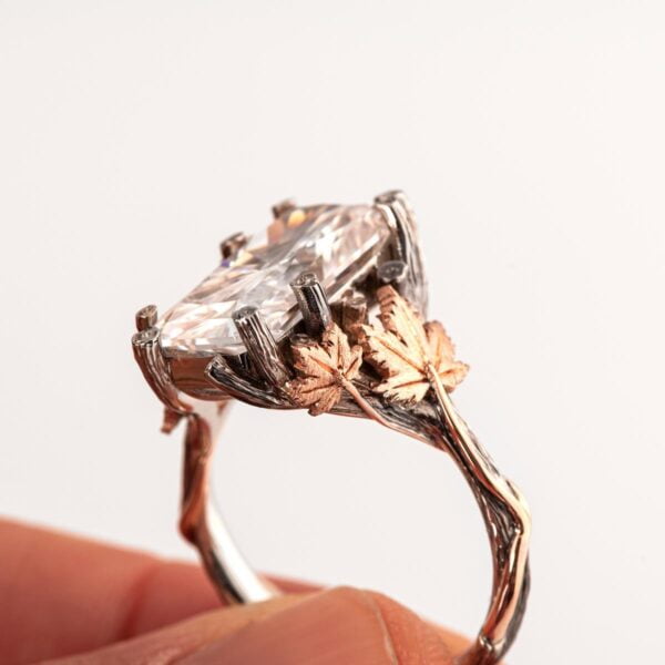 Large Radiant Cut Twig and Maple Leaf Engagement Ring White and Rose Gold Catalogue