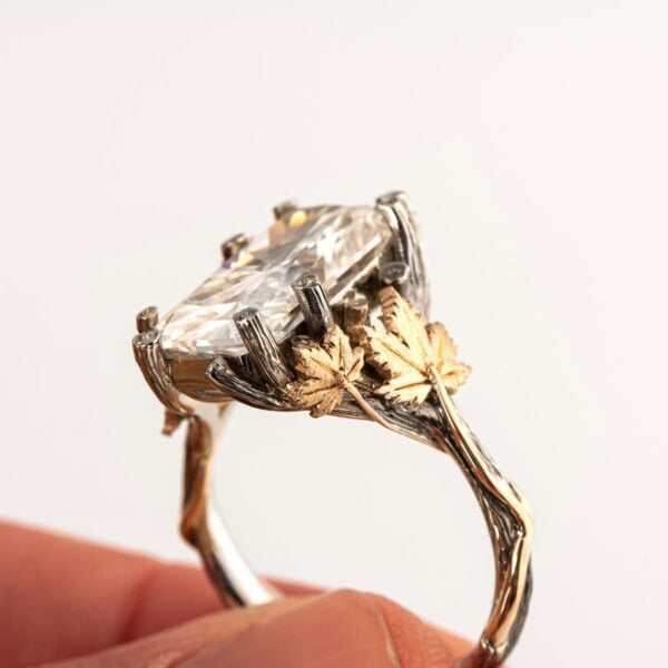 Large Radiant Cut Twig and Maple Leaf Engagement Ring White and Gold Catalogue