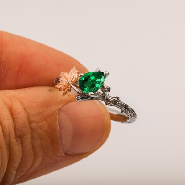 Platinum and Rose Gold Twig and Maple Leaf Engagement Ring Set With Emerald Catalogue