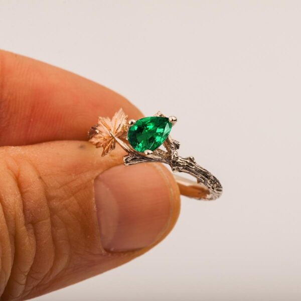Twig and Maple Leaf Engagement Ring Rose Gold and Emerald Catalogue