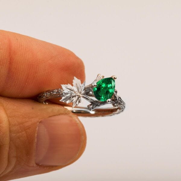 Twig and Maple Leaf Engagement Ring White Gold and Emerald Catalogue