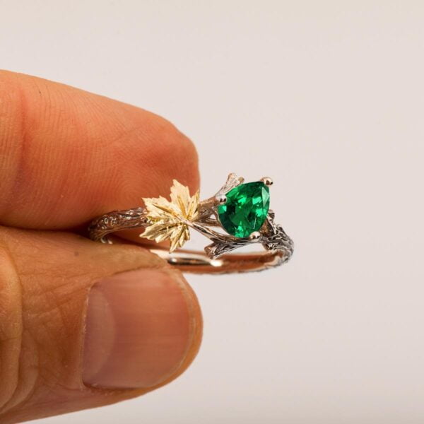Twig and Maple Leaf Engagement Ring Yellow Gold and Emerald Catalogue