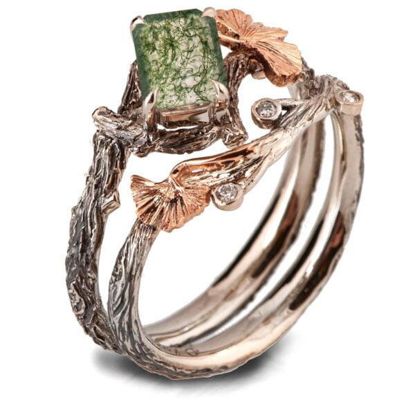 Twig and Ginkgo Leaf Bridal Set Rose Gold and Green Moss Agate Catalogue