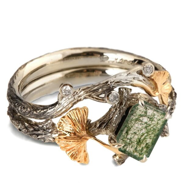Twig and Ginkgo Leaf Bridal Set Yellow Gold and Moss Agate Catalogue