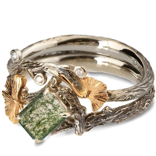 Twig and Ginkgo Leaf Bridal Set Yellow Gold and Moss Agate Catalogue