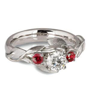 Leaves Engagement Ring #8 White Gold and Moissanite and Rubies Catalogue