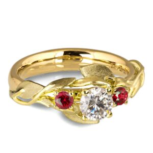 Leaves Engagement Ring #8 Yellow Gold and Moissanite and Rubies Catalogue
