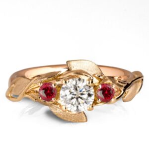 Leaves Engagement Ring #8 Rose Gold and Moissanite and Rubies Catalogue