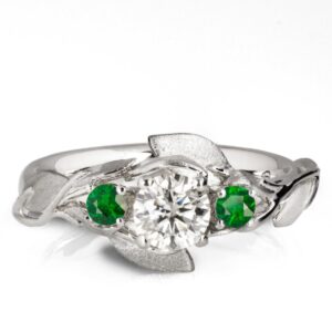 Leaves Engagement Ring #8 White Gold and Moissanite and Emeralds Catalogue