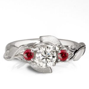 Leaves Engagement Ring #8 White Gold and Moissanite and Rubies Catalogue