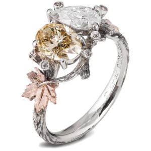 Moi et Toi Twig and Maple Leaves Engagement Ring, Yellow and White Diamond Ring Engagement Rings