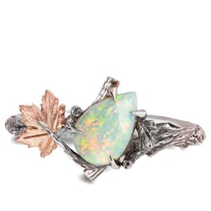 Twig and Maple Leaf Pear Opal Ring Engagement Rings