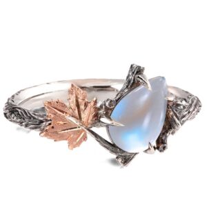 Twig and Maple Leaf Pear Moonstone Ring Engagement Rings