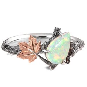 Twig and Maple Leaf Pear Opal Ring Engagement Rings